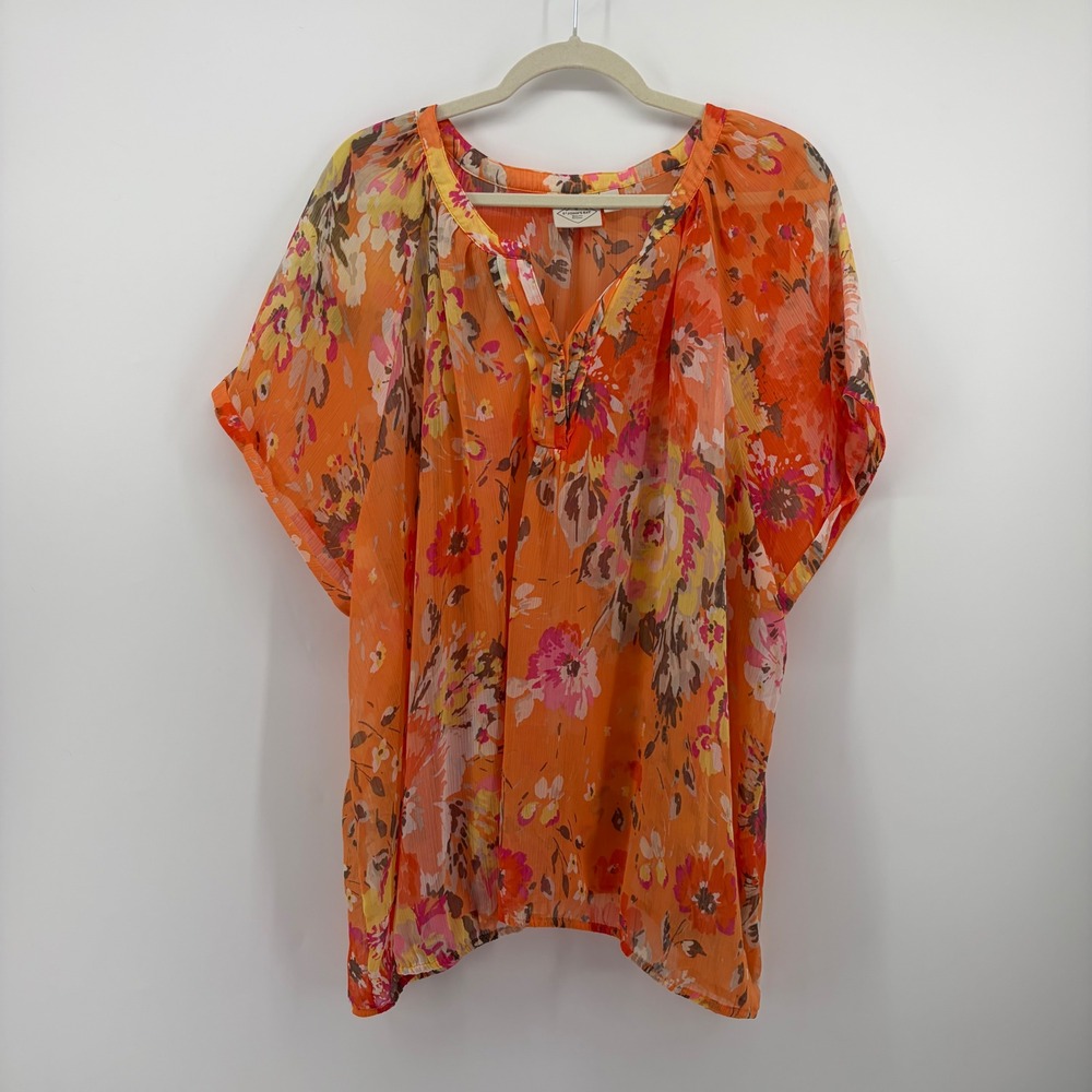 St Johns Bay Womens 4X Orange Floral Chiffon Blouse Short Sleeve Button V-Neck